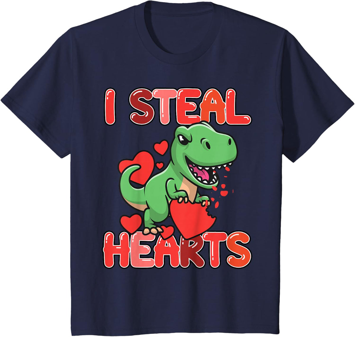 Kids I Steal Hearts Trex Dino Toddler Boy Valentines Day Outfit T-Shirt - Navy Blue