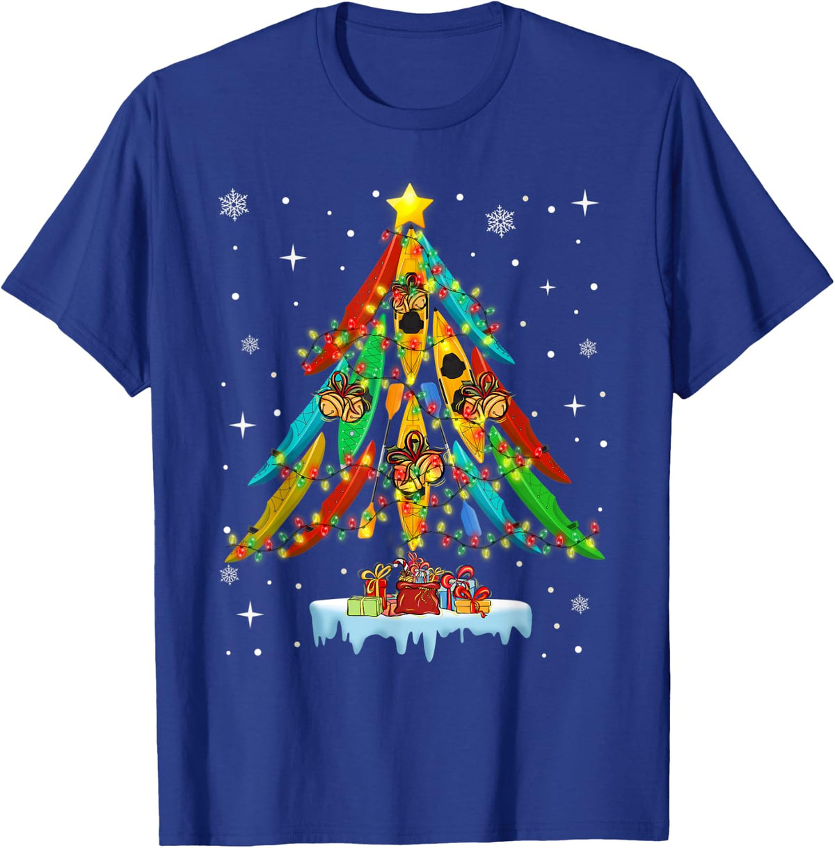 Merry Christmas Tree Kayak Kayaking T-Shirt - Unisex-Adults, Black, Small, Short Sleeve, T-Shirt - Royal Blue