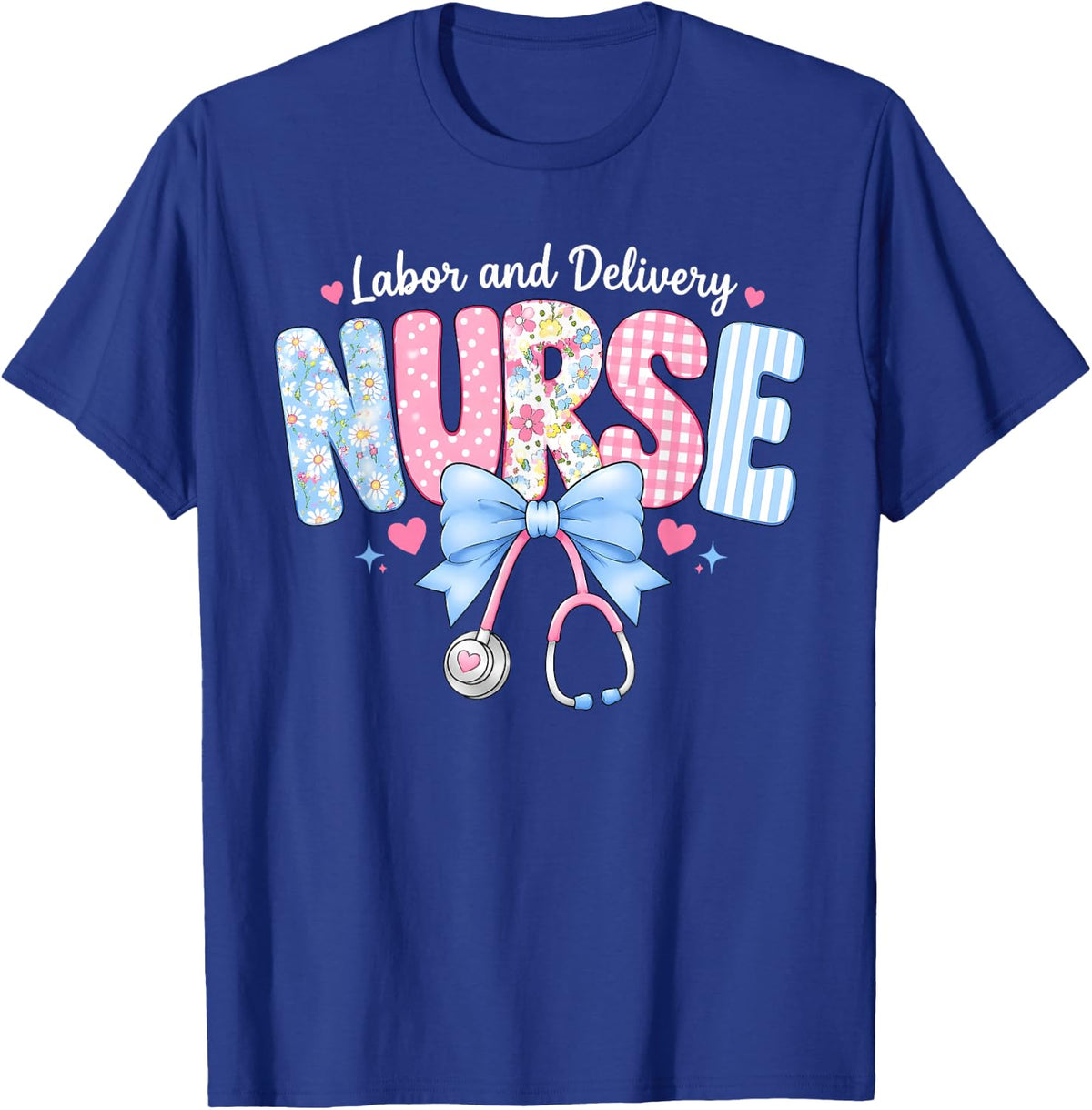 Groovy Labor and Delivery Nurse Stethoscope Bow L&D Nursing T-Shirt - Royal Blue