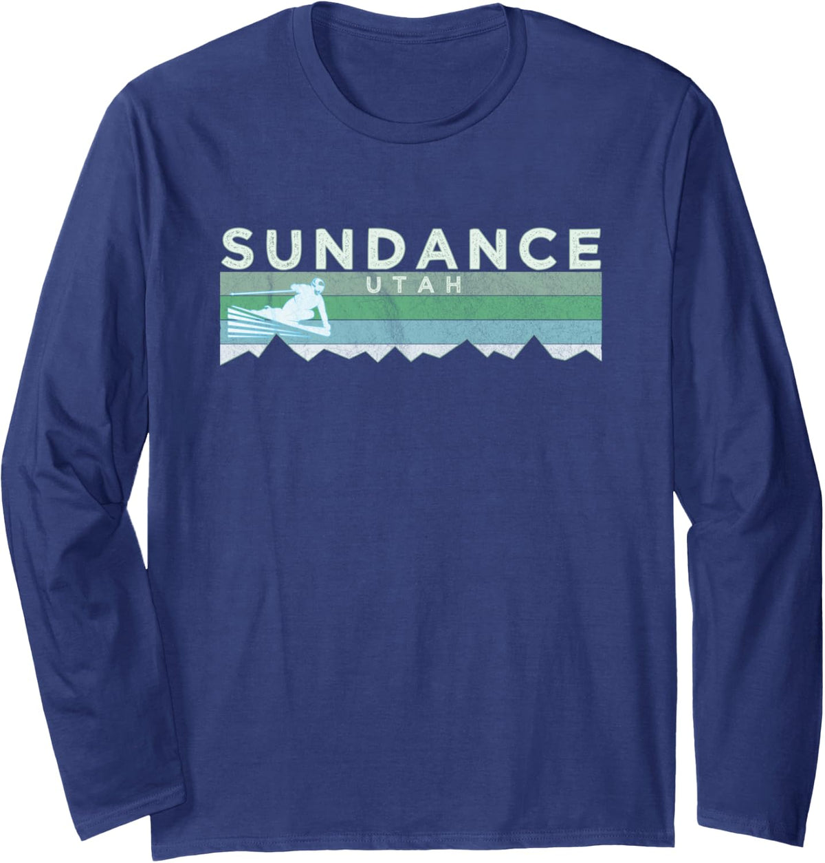Retro Sundance, UT Distressed Skiing Long Sleeve T-Shirt - Adult Unisex Navy Blue