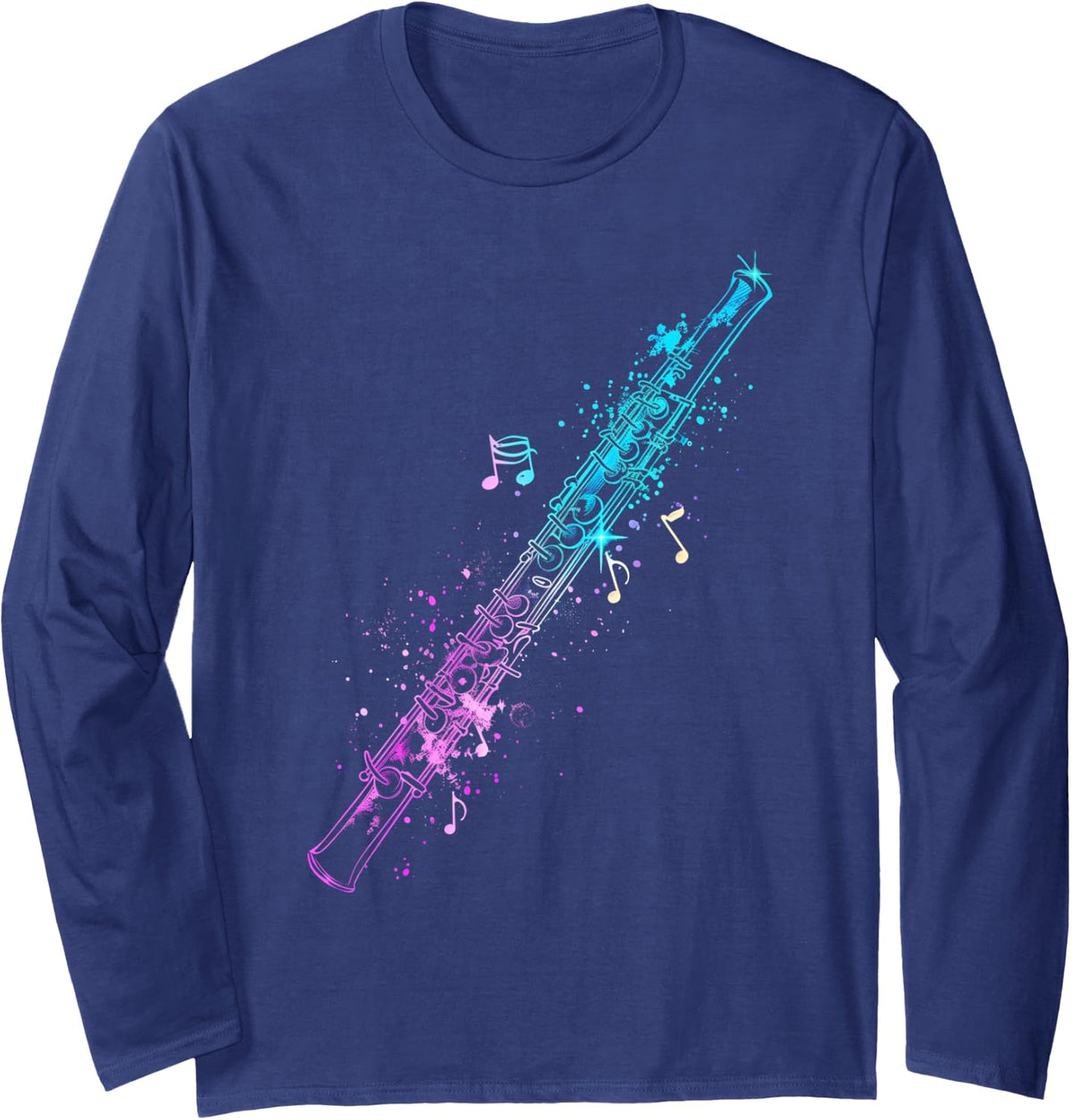 Flute Musical Notes Classical Music Flute Player Vintage Long Sleeve T-Shirt - Adult Unisex Navy Blue