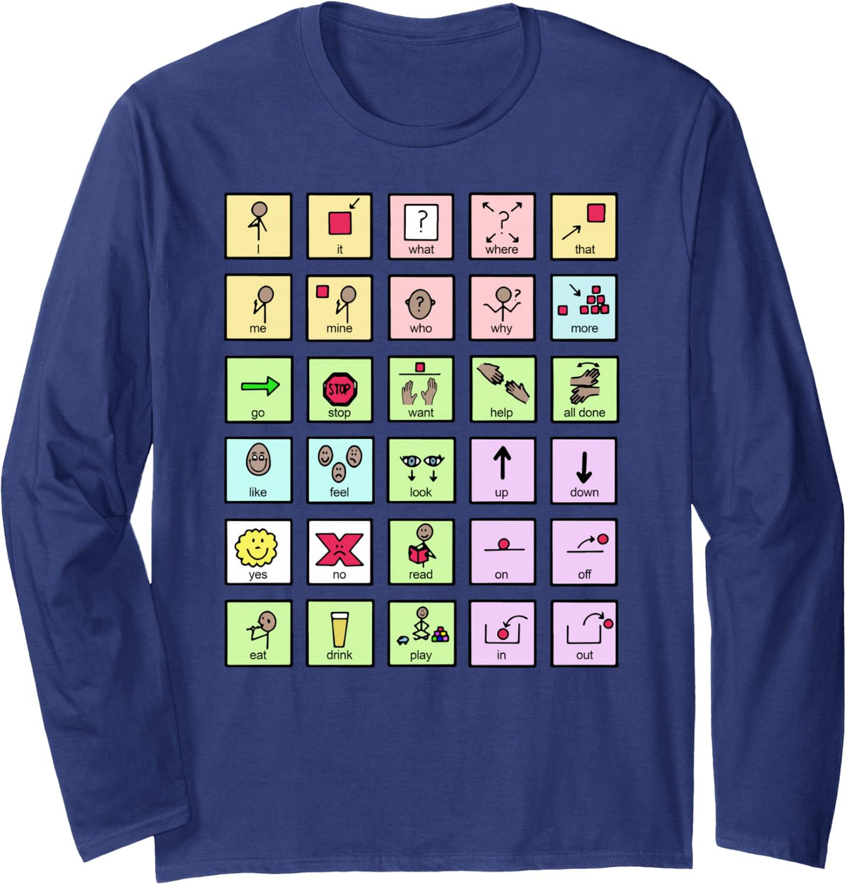 AAC Core Board Speech Pathology Speech Therapist Long Sleeve T-Shirt - Adult Unisex Navy Blue