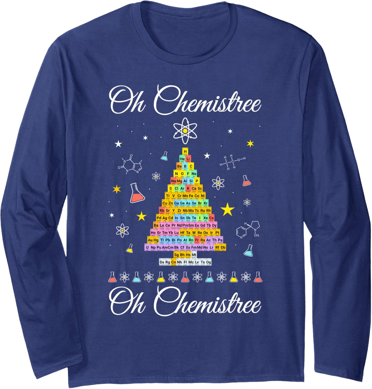 Oh Chemistree Colorful Periodic Table Elements Chemistry Long Sleeve T-Shirt - Adult Unisex Navy Blue