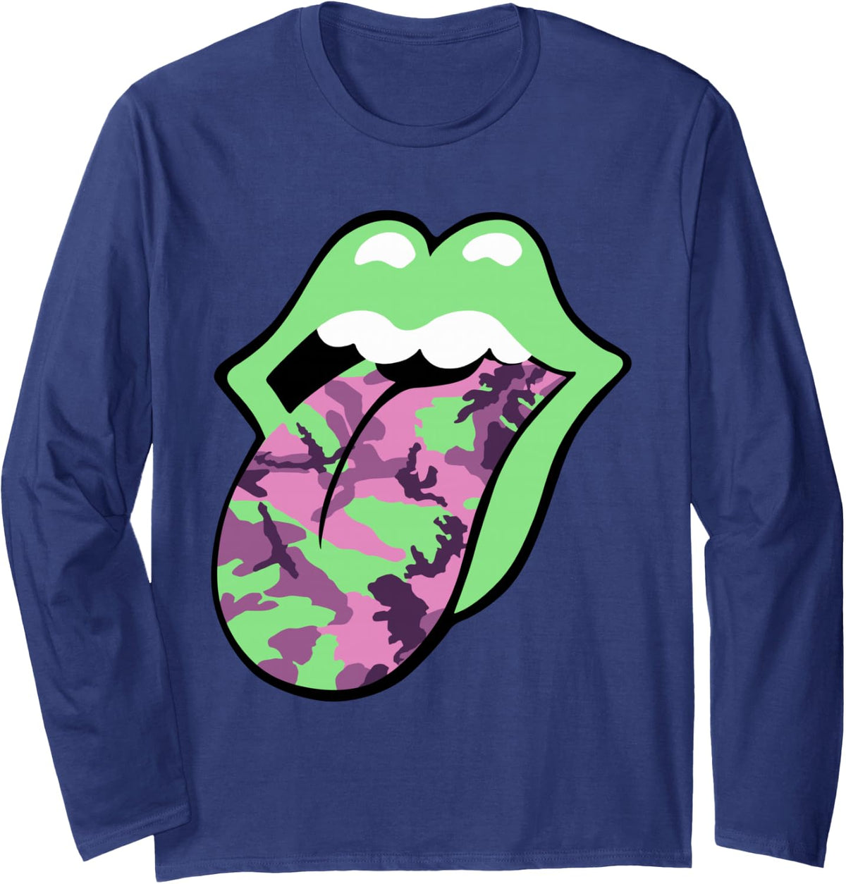 Official Rolling Stones Pink Camo Tongue Long Sleeve T-Shirt - Adult Unisex Navy Blue