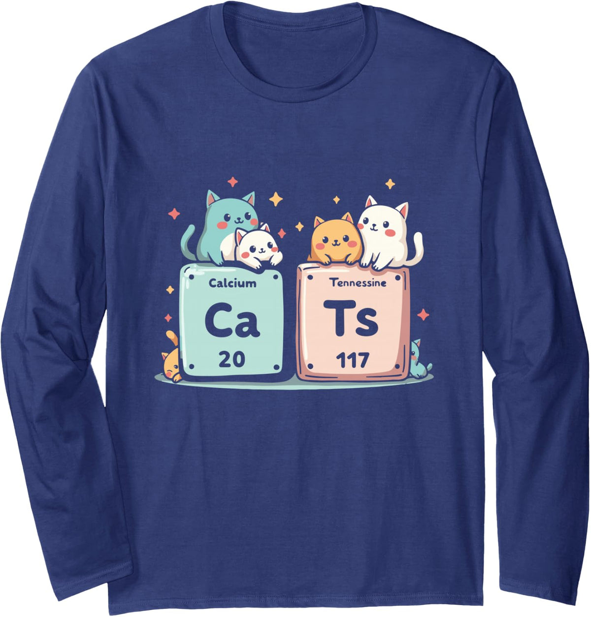 Cute Cats Periodic Table Chemistry and Science Chemist Long Sleeve T-Shirt - Adult Unisex Navy Blue