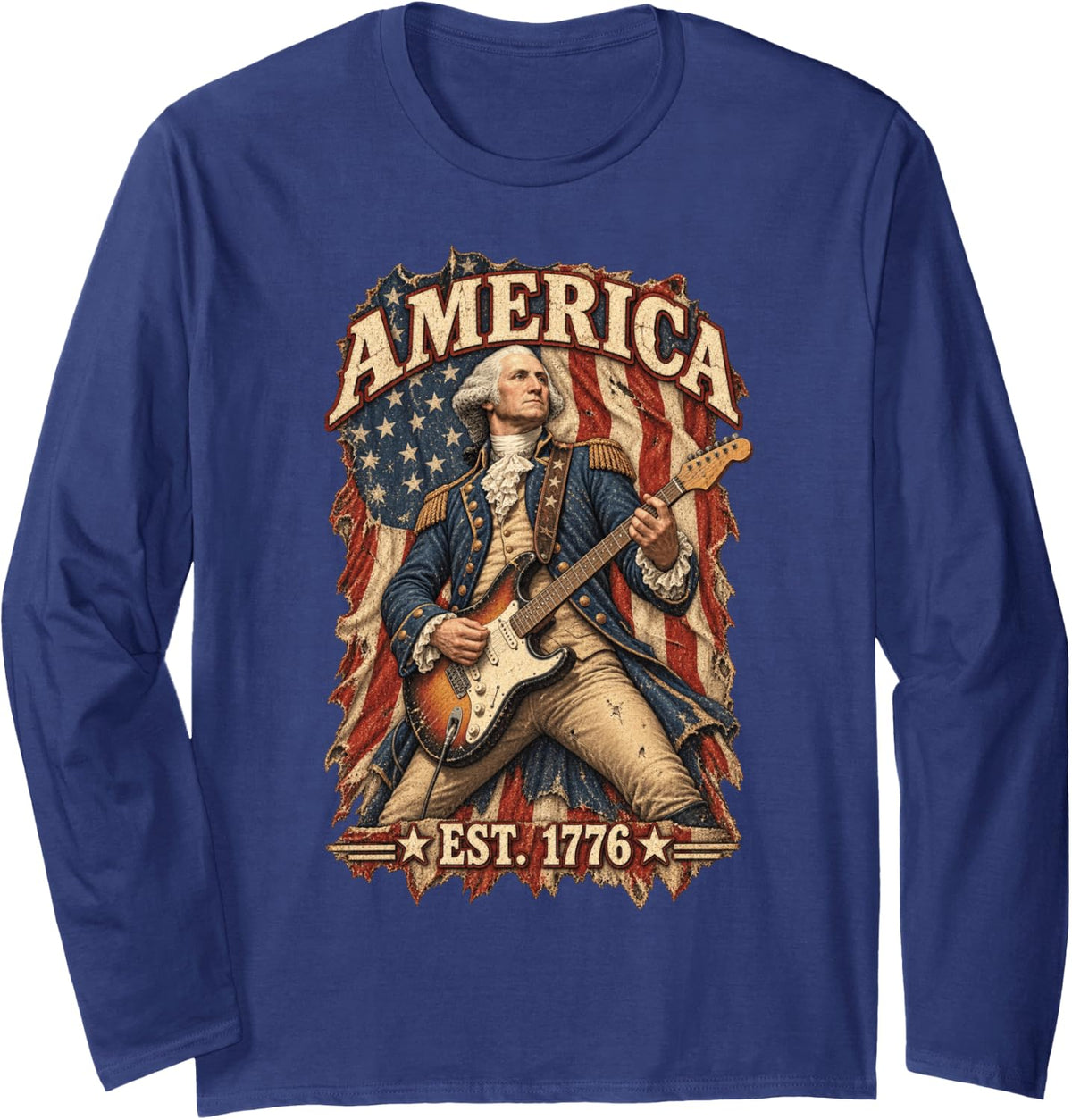 George Washington Playing Guitar Funny 4th of July President Long Sleeve T-Shirt - Adult Unisex Navy Blue
