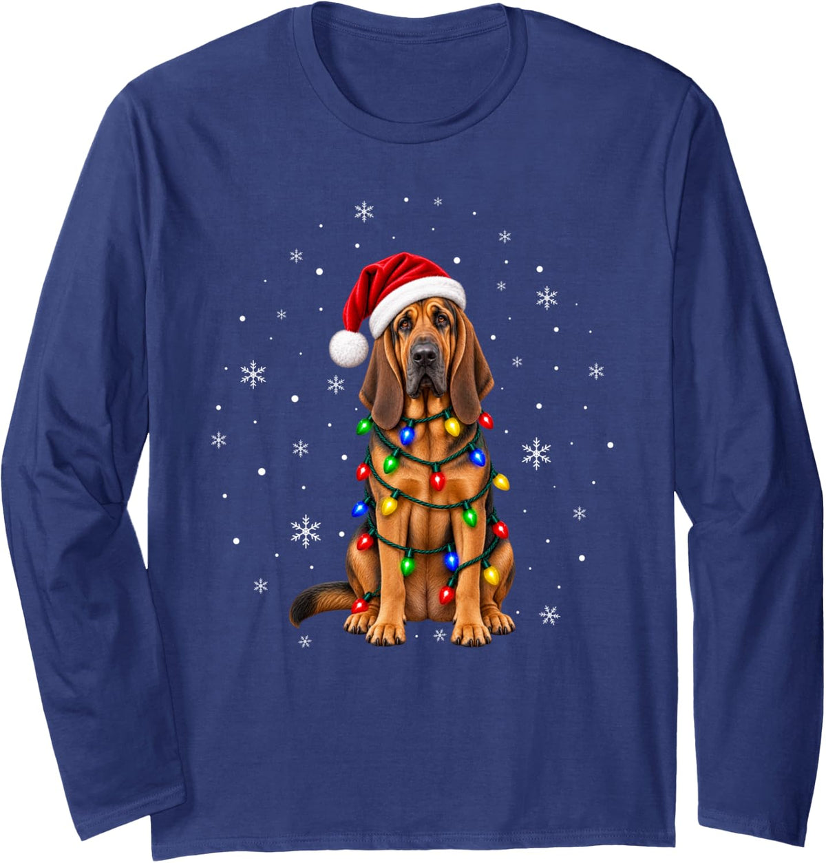 Bloodhound Christmas Tree Lights Pajama Santa Dog Xmas Long Sleeve T-Shirt - Adult Unisex Navy Blue