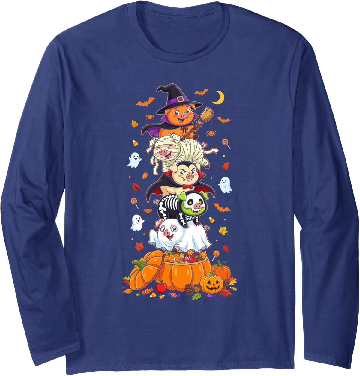 Pig Witch Vampire Ghost Halloween Kids Mens Womens Long Sleeve T-Shirt - Adult Unisex Navy Blue