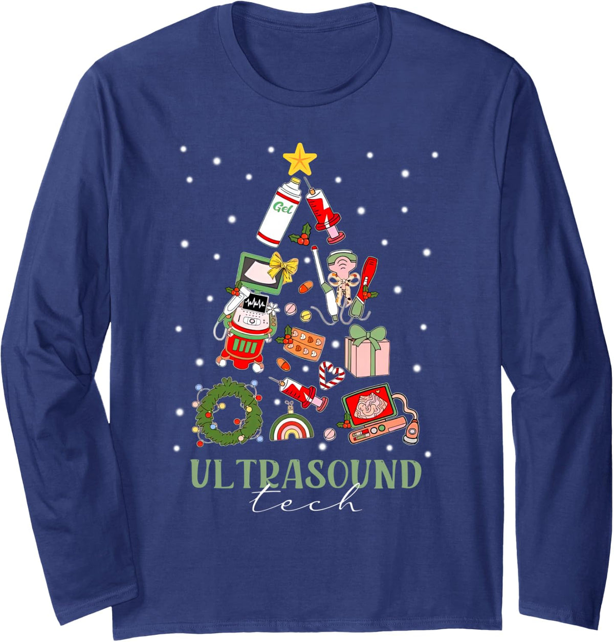 Ultrasound Tech Christmas Tree Sonographer Sono Tech OBGYN Long Sleeve T-Shirt - Adult Unisex Navy Blue