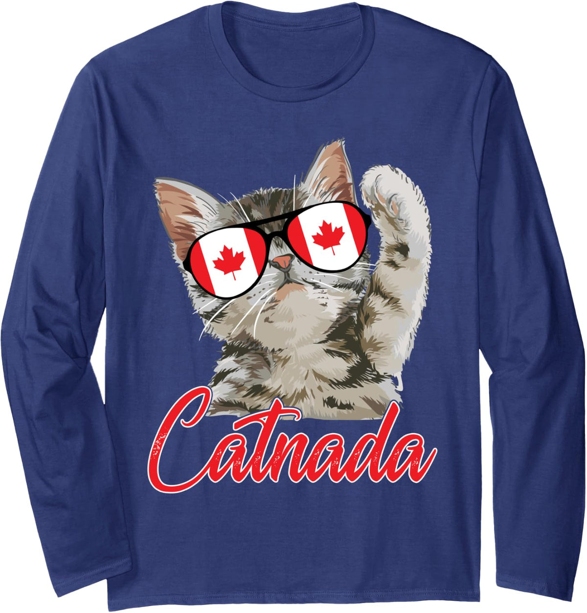 Cute Catnada Canada Cat Maple Leaf Canadian Flag Sunglasses Long Sleeve T-Shirt - Adult Unisex Navy Blue