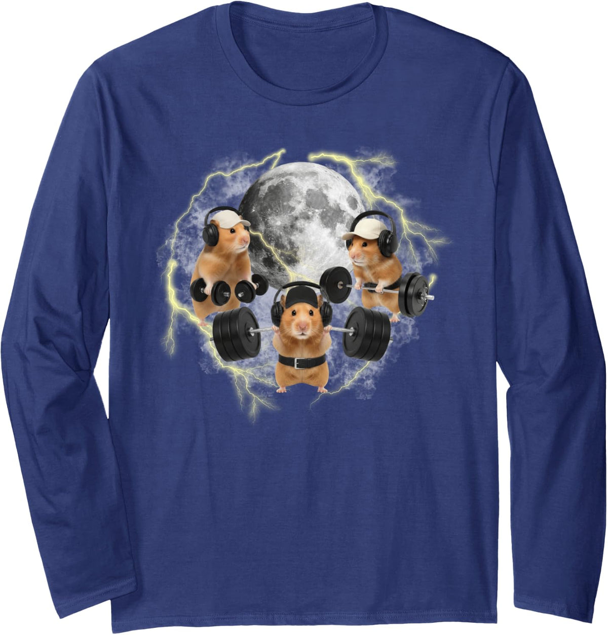 Funny Hamster Weightlifting Gym Workout Three Hamster Moon Long Sleeve T-Shirt - Adult Unisex Navy Blue