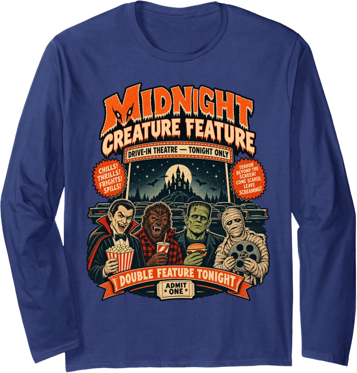 Vintage Halloween Midnight Creature Feature Horror Movie 80s Long Sleeve T-Shirt - Adult Unisex Navy Blue