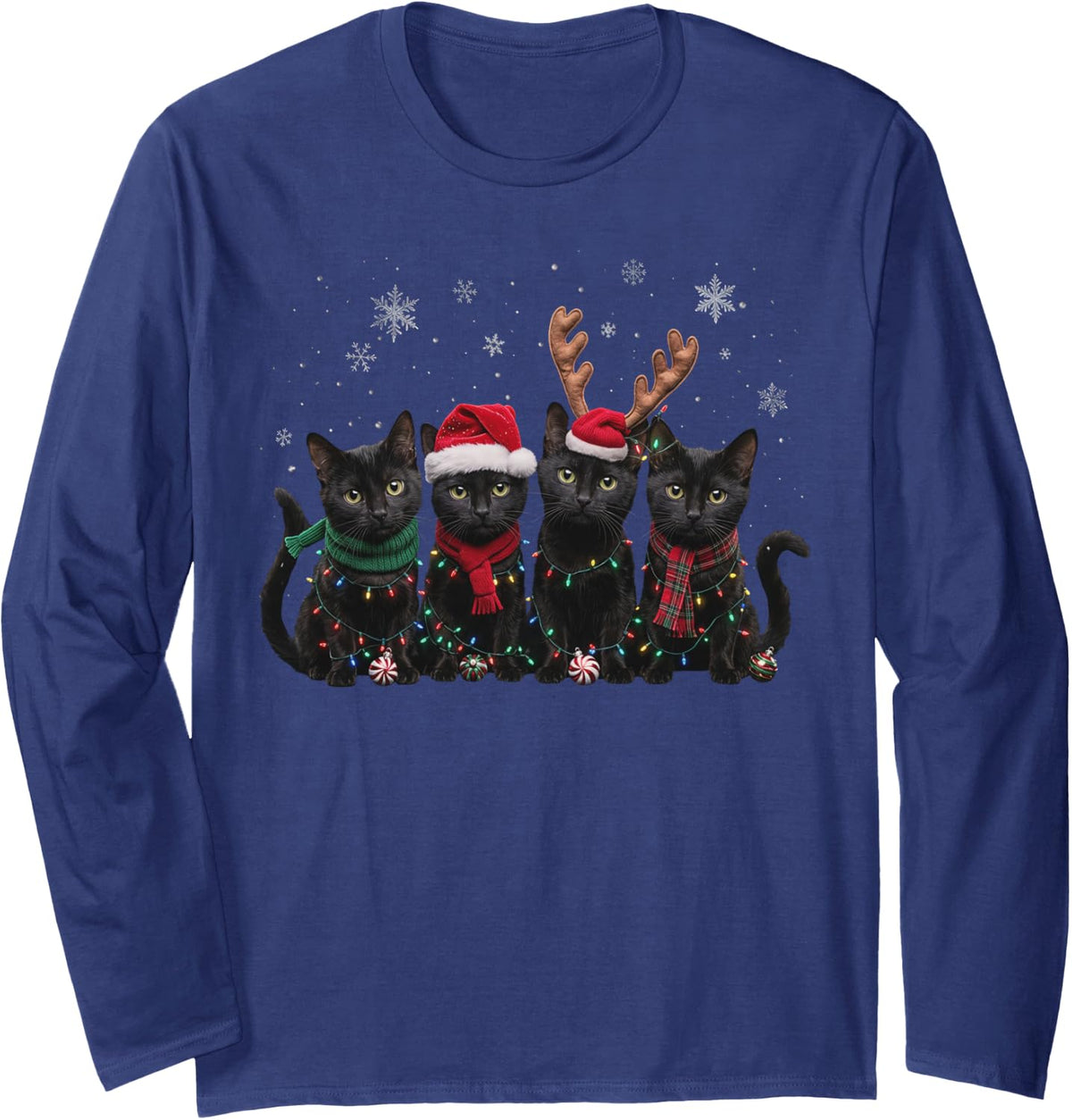 Christmas Lights Black Cat Xmas Funny Cat Santa Hat Men Kids Long Sleeve T-Shirt - Adult Unisex Navy Blue