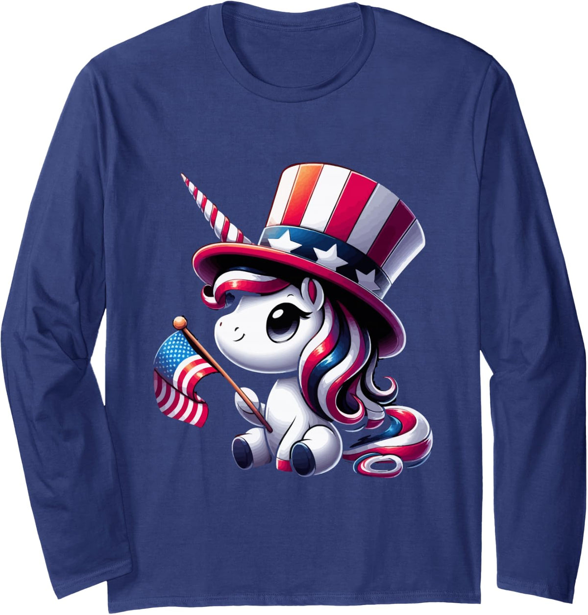 Dabbing Unicorn 4th of July Uncle Sam Girls American Flag Long Sleeve T-Shirt - Adult Unisex Navy Blue