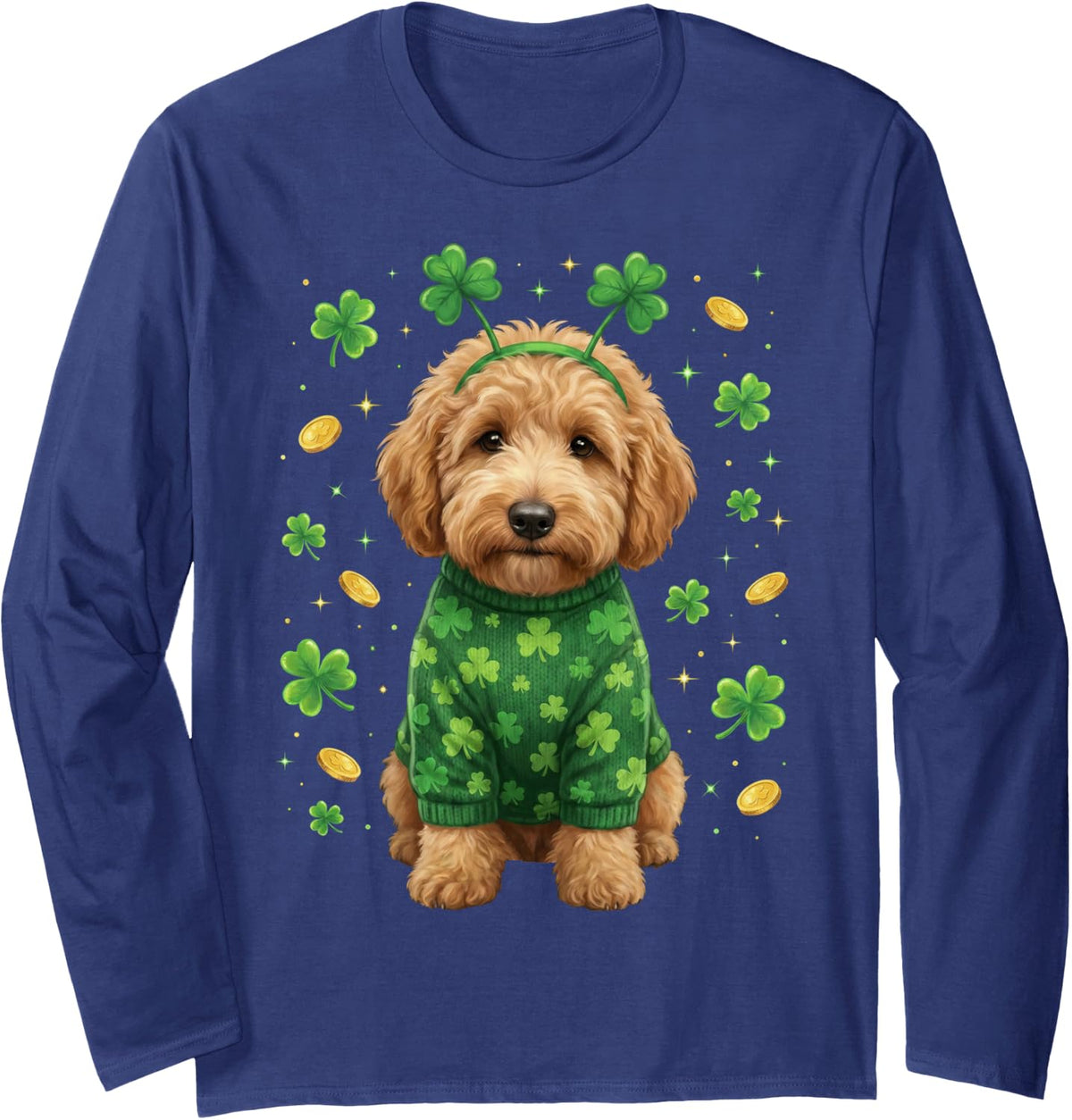 Irish Golden Doodle St Patricks Day Dog Shamrock Saint Patty Long Sleeve T-Shirt - Adult Unisex Navy Blue