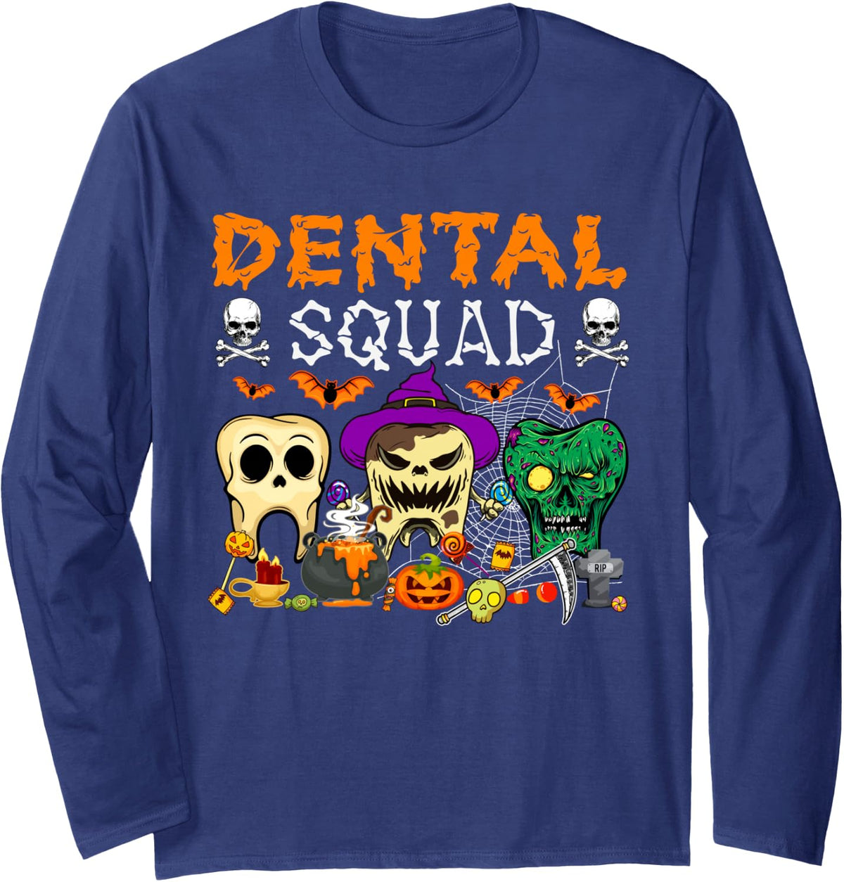 Dental Squad Halloween Three Tooth Scary Witch Horror Zombie Long Sleeve T-Shirt - Adult Unisex Navy Blue