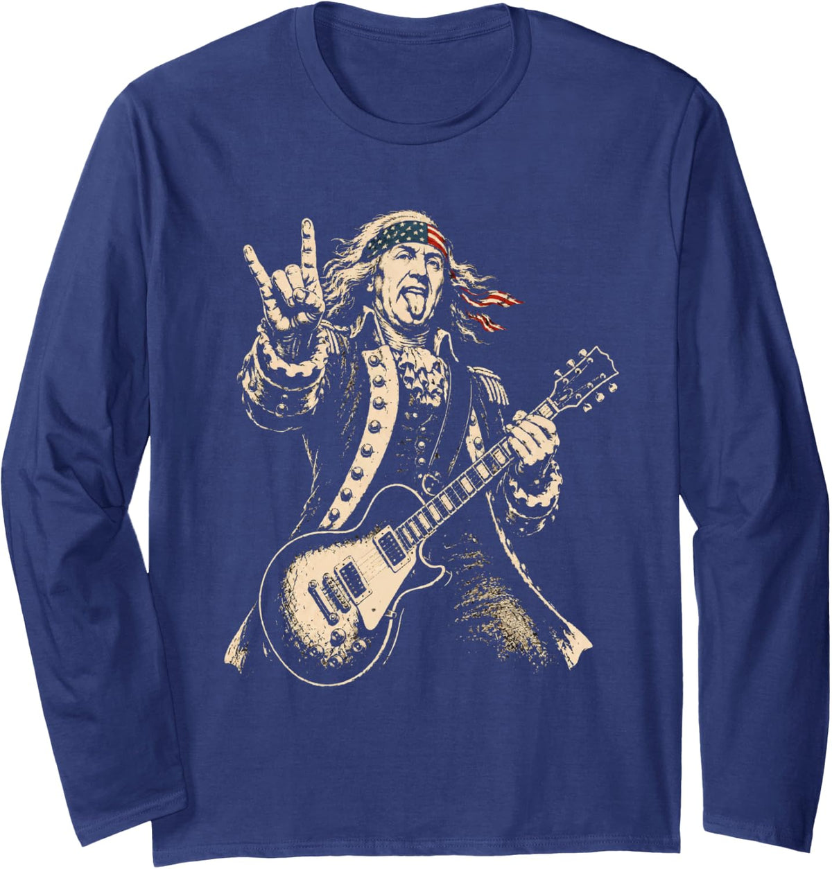 Benjamin Franklin Funny American President Rock Guitarist Long Sleeve T-Shirt - Adult Unisex Navy Blue
