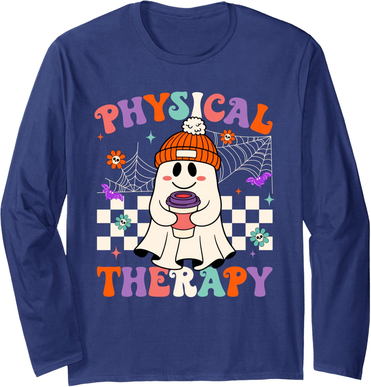 PT Physical Therapy Halloween Retro Ghost PT Halloween Long Sleeve T-Shirt - Adult Unisex Navy Blue
