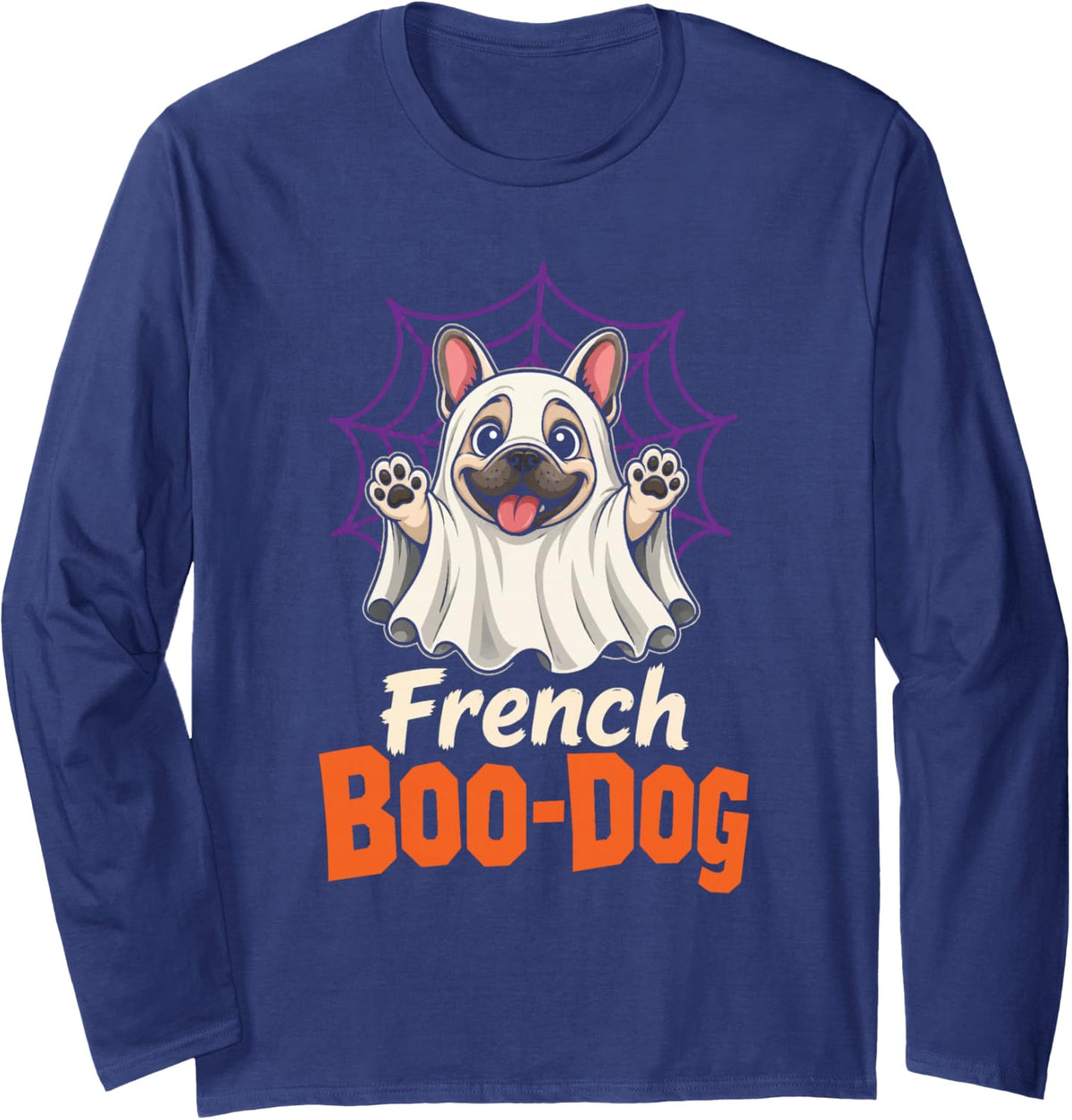 Halloween French Bulldog Boo-Dog Frenchie Ghost Mom Pun Long Sleeve T-Shirt - Adult Unisex Navy Blue