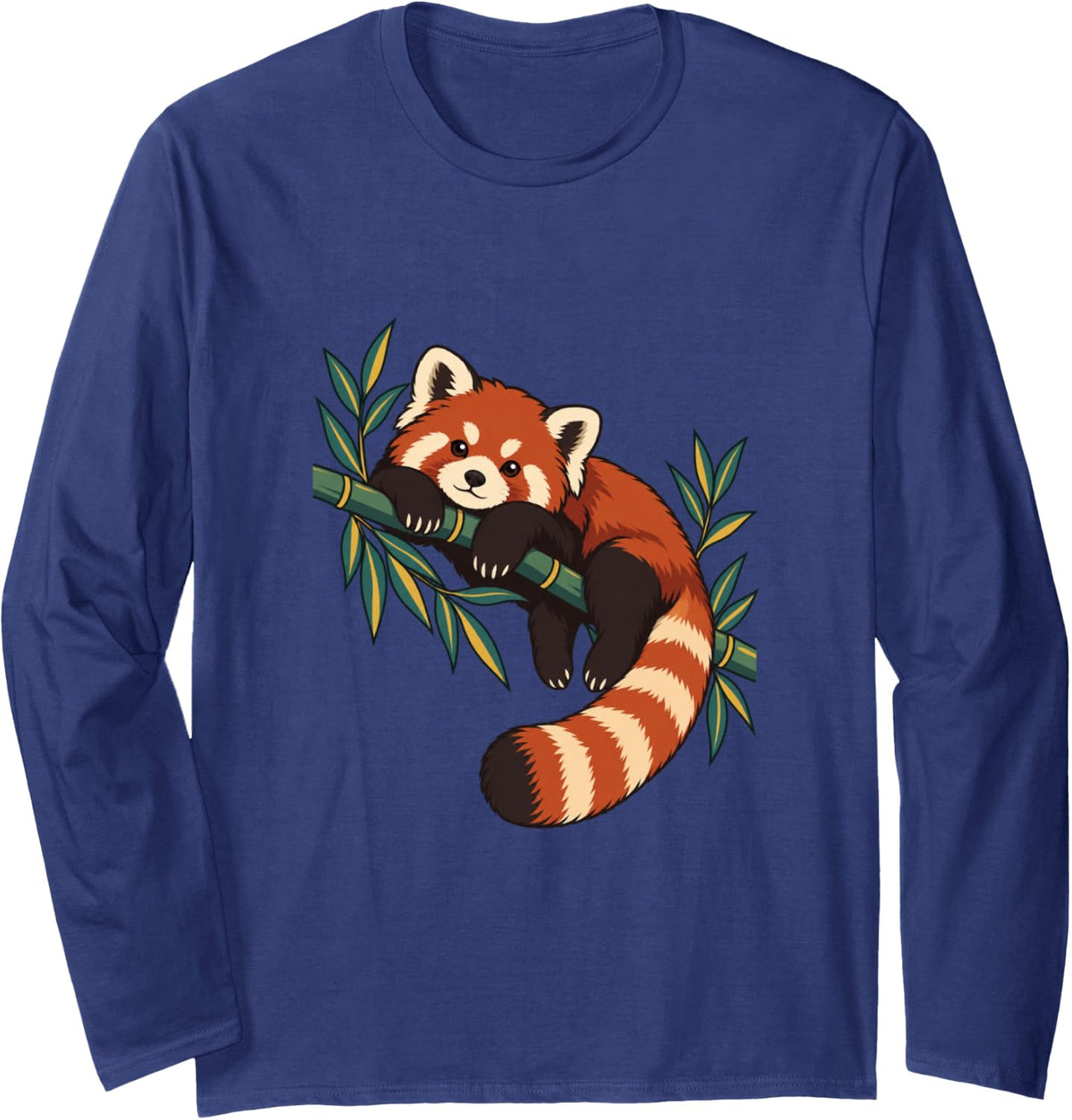 Cute Red Panda Bamboo Wildlife Animal Lover Design Long Sleeve T-Shirt - Adult Unisex Navy Blue