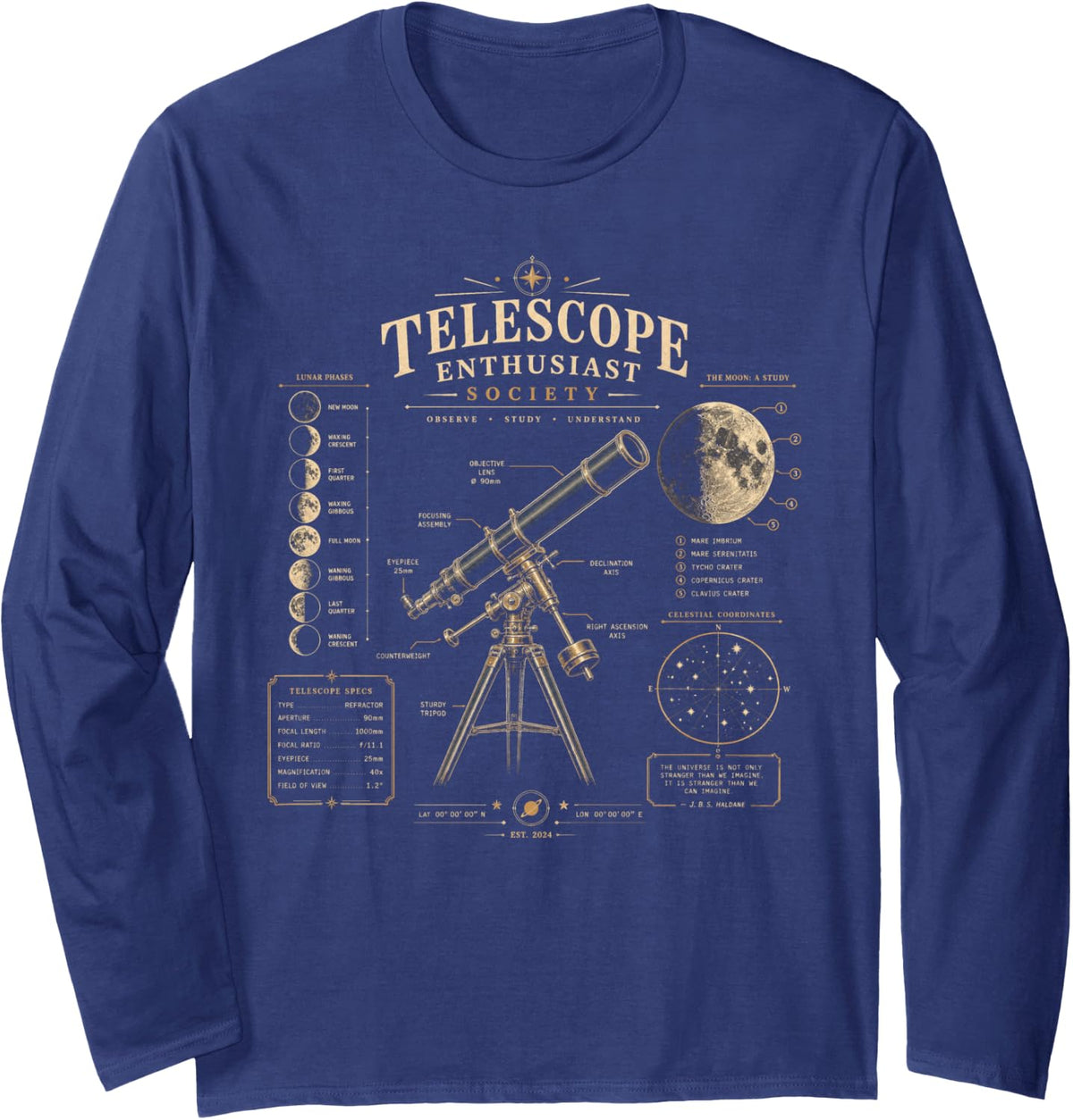 Telescope Enthusiast Society Stargazing Long Sleeve T-Shirt - Adult Unisex Navy Blue