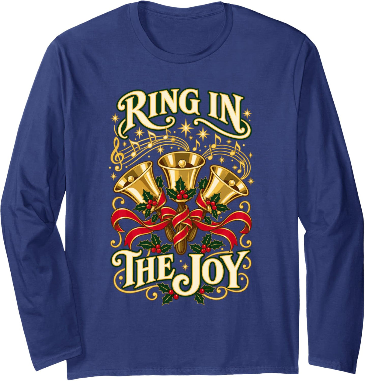 Christmas Handbell Choir Bells Holiday Musician Vintage Long Sleeve T-Shirt - Adult Unisex Navy Blue