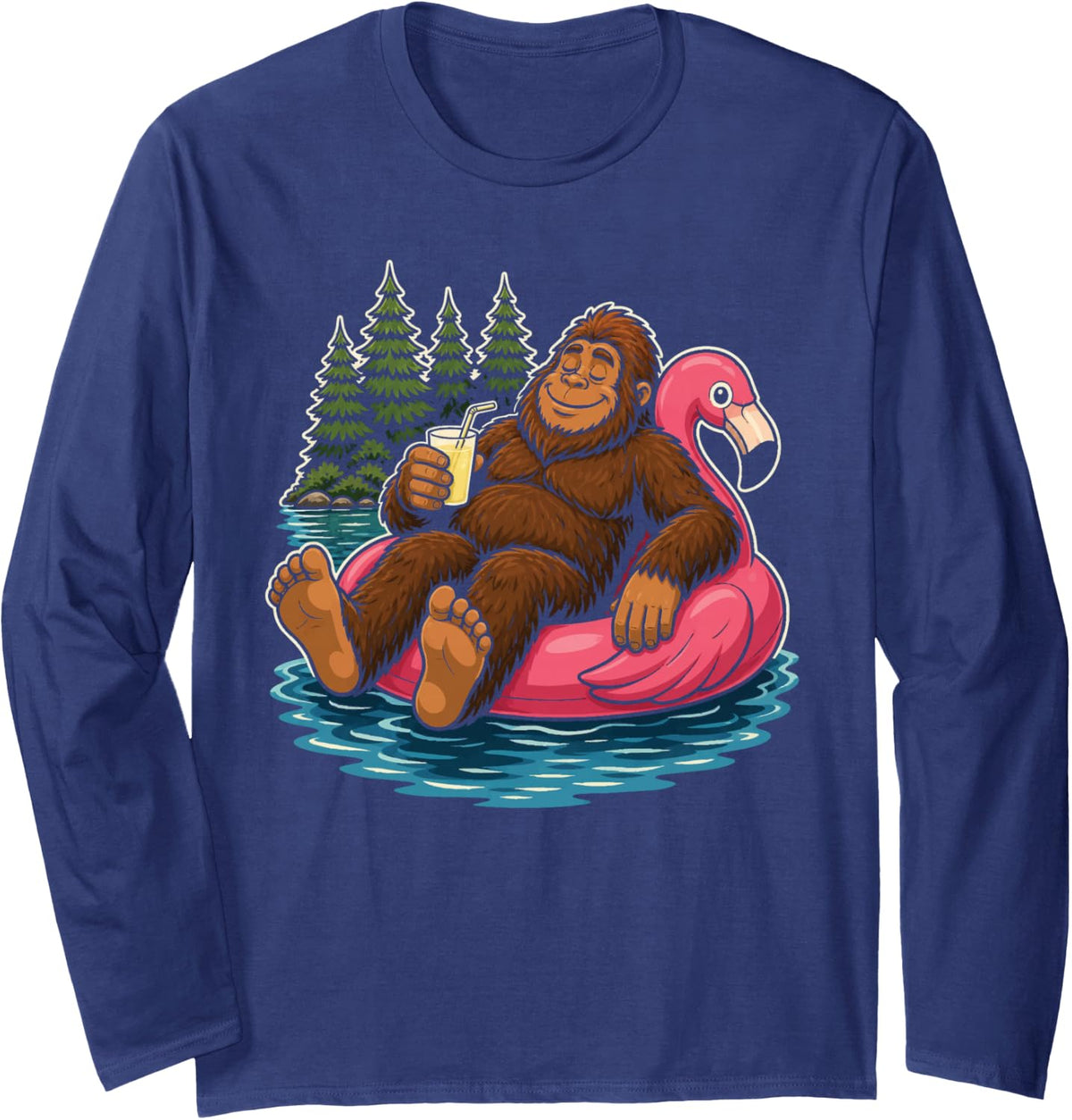 Bigfoot Summer Lake Flamingo Pool Float Funny Sasquatch Long Sleeve T-Shirt - Adult Unisex Navy Blue