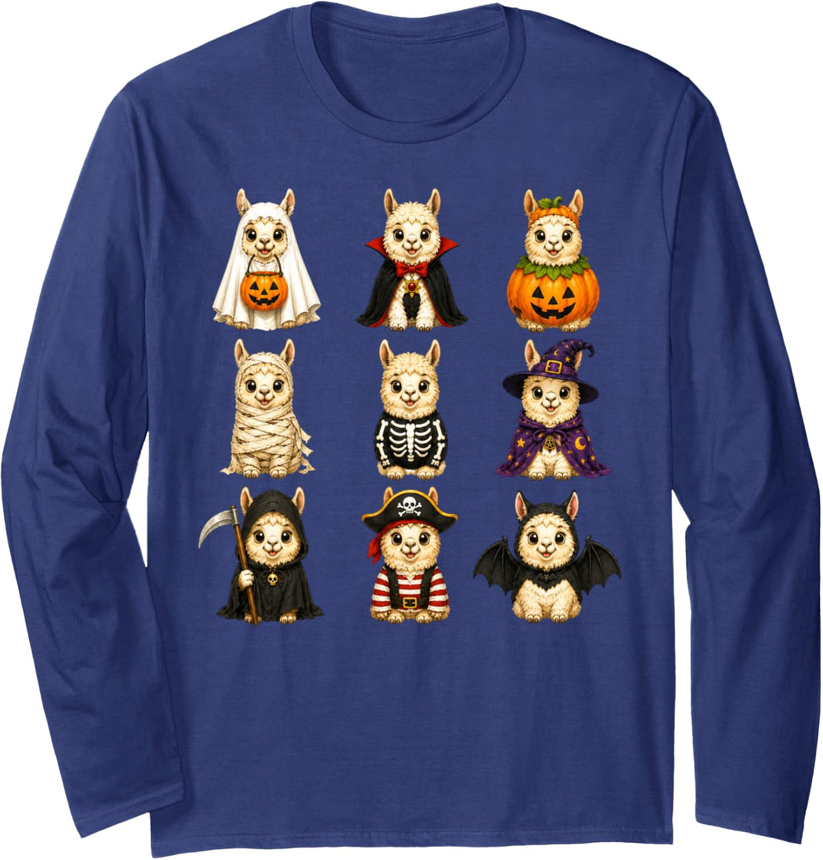 Cute Halloween Llama Pumpkin Ghost and Witch Costumes Long Sleeve T-Shirt - Adult Unisex Navy Blue