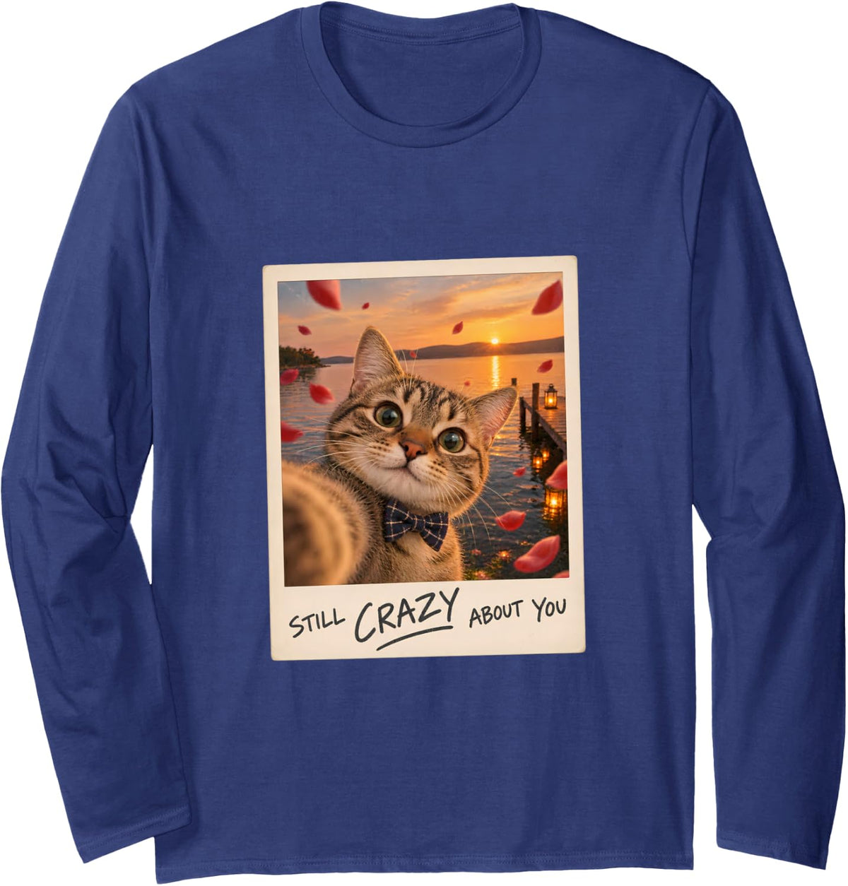 Still Crazy About You Tabby Cat Selfie Funny Long Sleeve T-Shirt - Adult Unisex Navy Blue