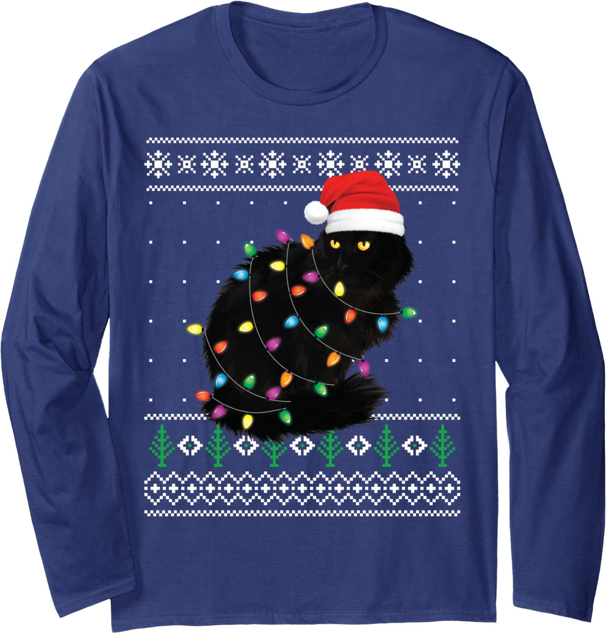 Black Cat Christmas Ugly Sweater Funny Santa Cat Long Sleeve T-Shirt - Adult Unisex Navy Blue