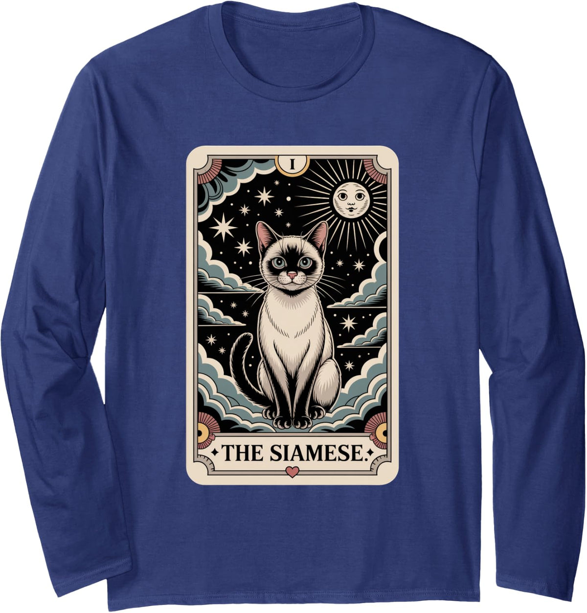 Tarot Card Cat Halloween The Siamese Long Sleeve T-Shirt - Adult Unisex Navy Blue