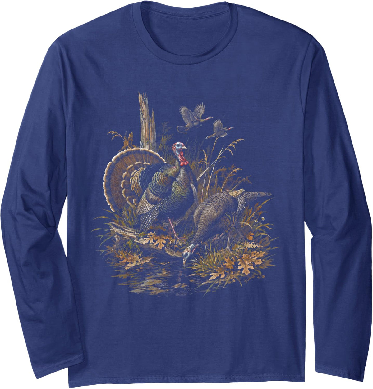 Retro Turkey Hunting Rustic Wildlife Vintage 90s Nature Long Sleeve T-Shirt - Adult Unisex Navy Blue
