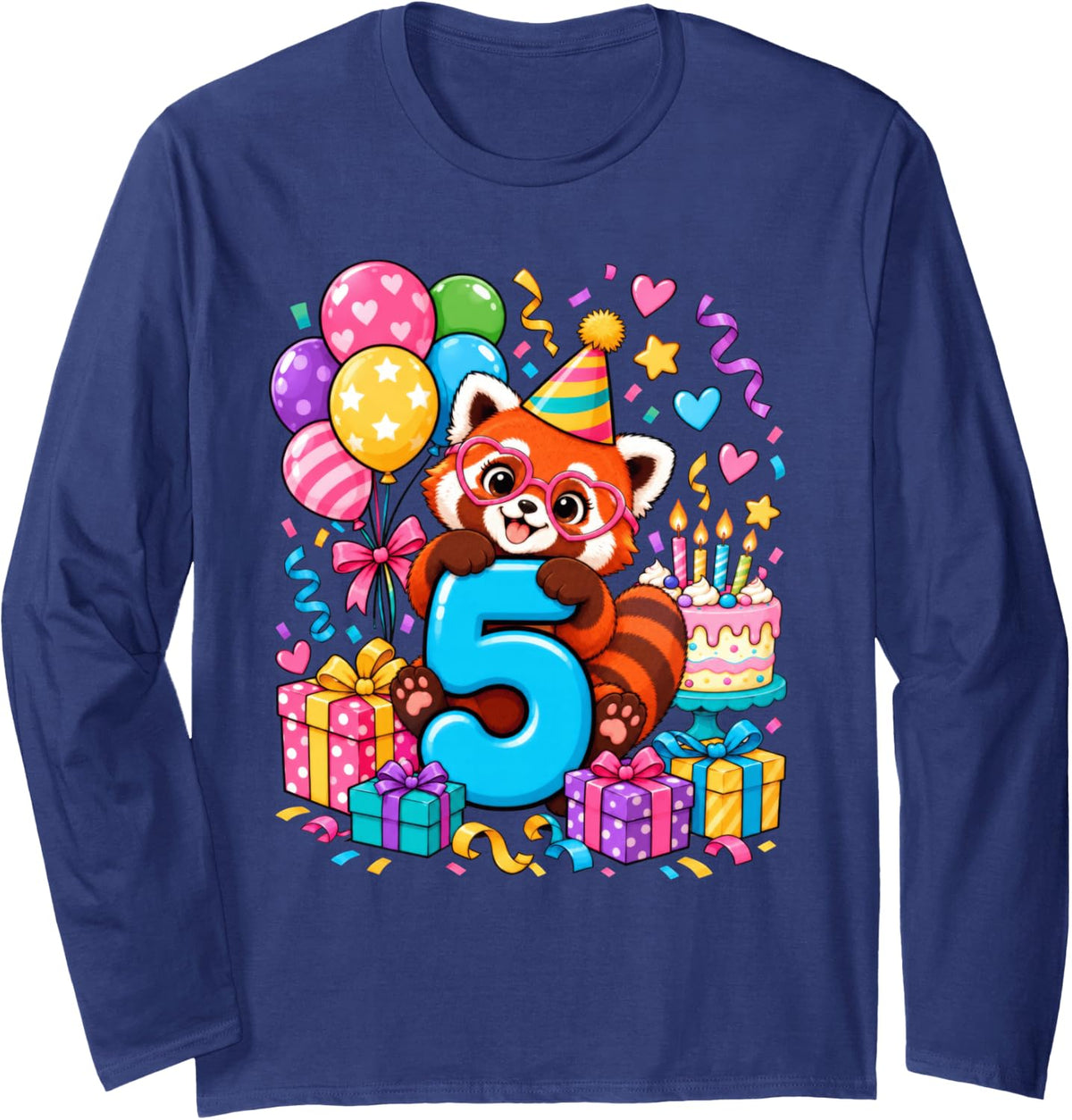 Red Panda Lover 5 Year Old Birthday 5th Animal Theme Long Sleeve T-Shirt - Adult Unisex Navy Blue