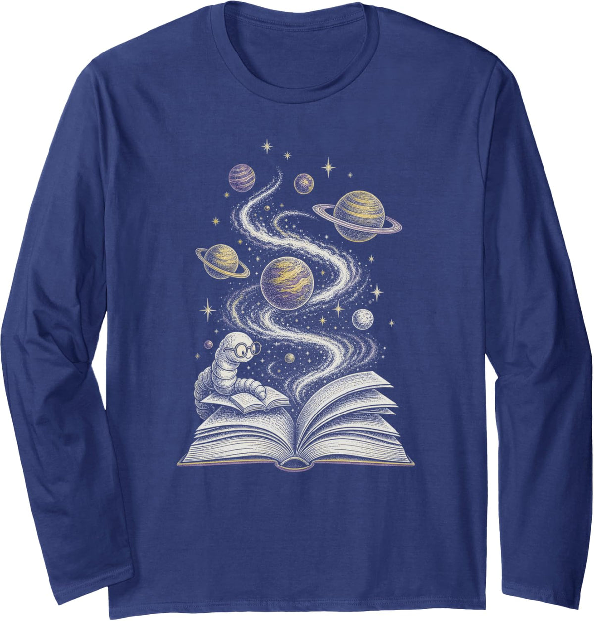 Cosmic Bookworm Space Reading Astronomy Long Sleeve T-Shirt - Adult Unisex Navy Blue