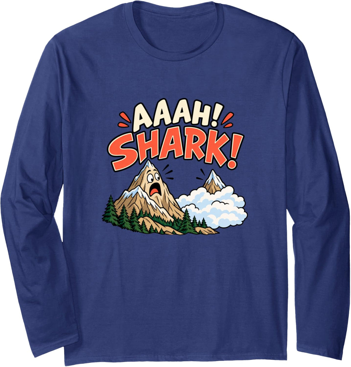 Mountain Shark Visual Humor Mountains Hiker Hiking Long Sleeve T-Shirt - Adult Unisex Navy Blue
