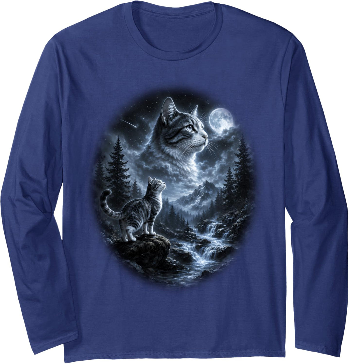 Tabby Cat Full Moon Nature Lover Mountain Halloween Long Sleeve T-Shirt - Adult Unisex Navy Blue