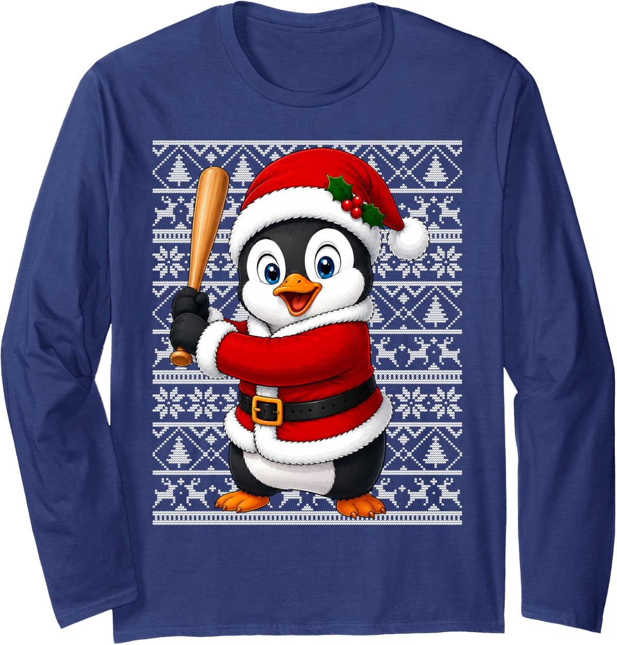 Penguin Playing Baseball Christmas Sports Ugly Sweater Xmas Long Sleeve T-Shirt - Adult Unisex Navy Blue
