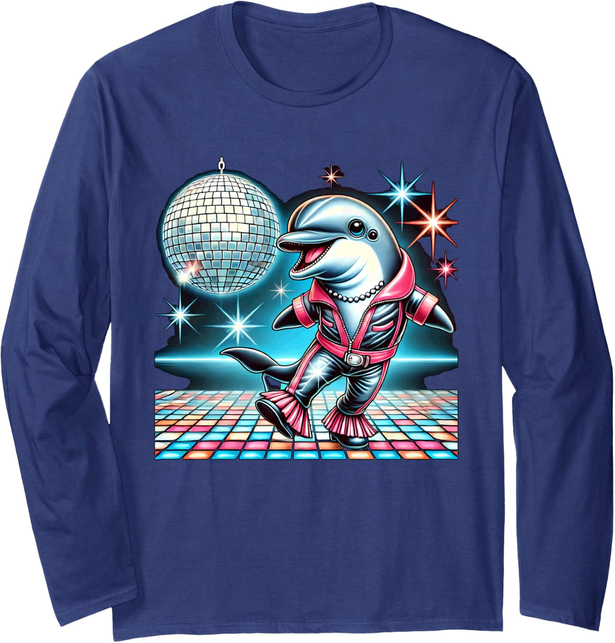 Aesthetic Dolphin Disco Long Sleeve T-Shirt - Adult Unisex Navy Blue