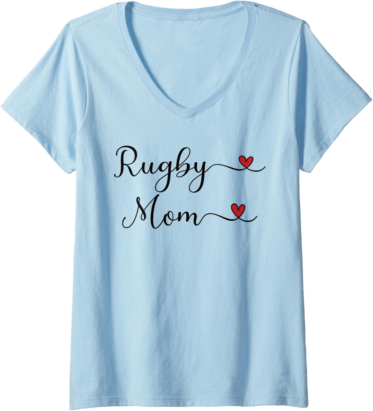 Women's Rugby Mom Heart Cute Handwritten Typography Gift V-Neck T-Shirt - Baby Blue