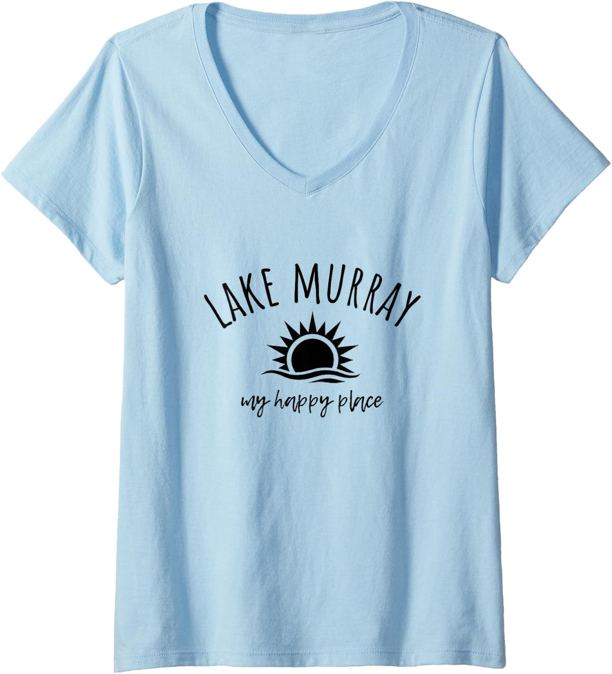 Womens Lake Murray My Happy Place SC OK Boating Fishing Camping V-Neck T-Shirt - Baby Blue