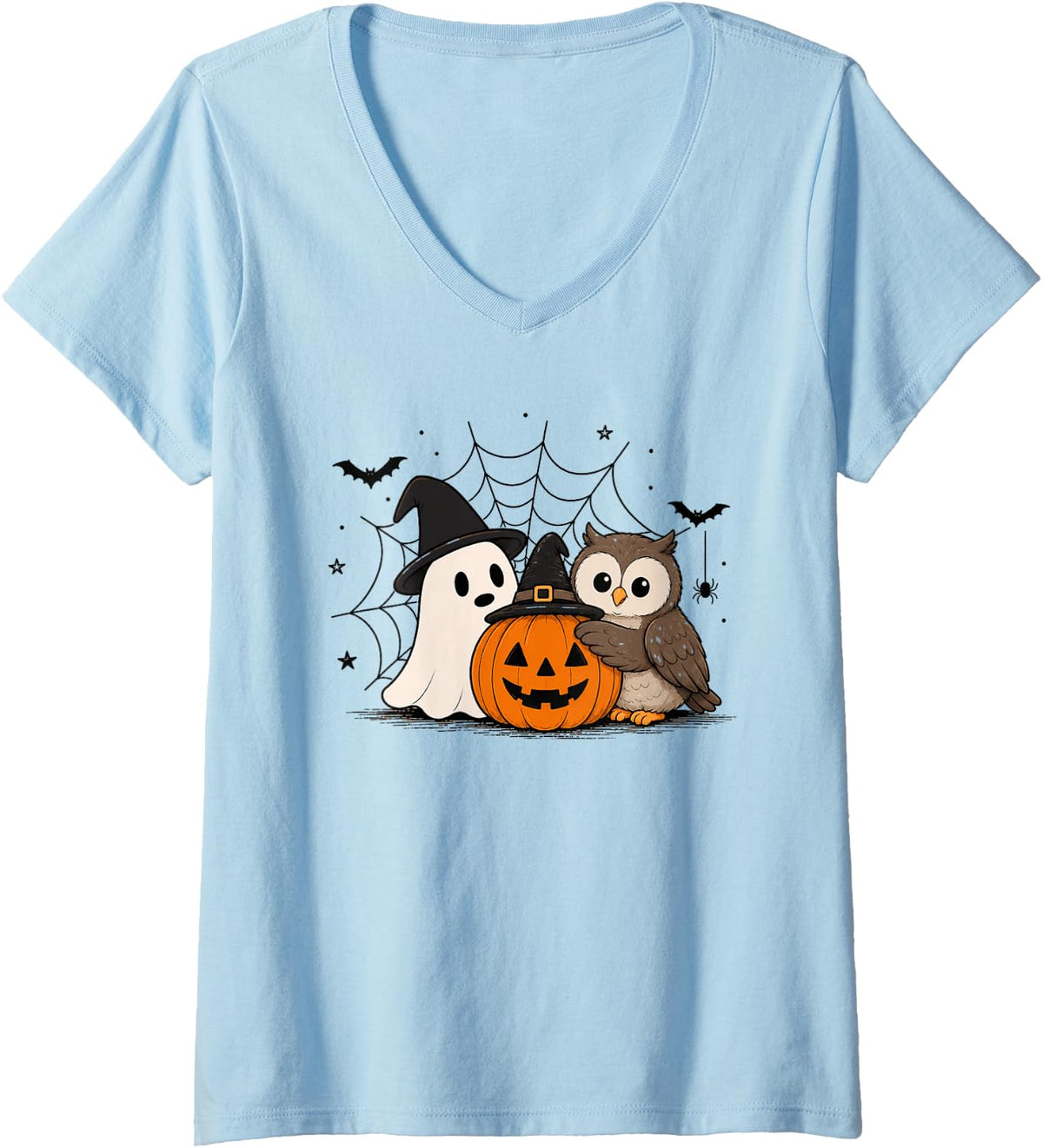 Women's Owl Halloween Ghost Pumpkin Cute Spooky Costume V-Neck T-Shirt - Baby Blue