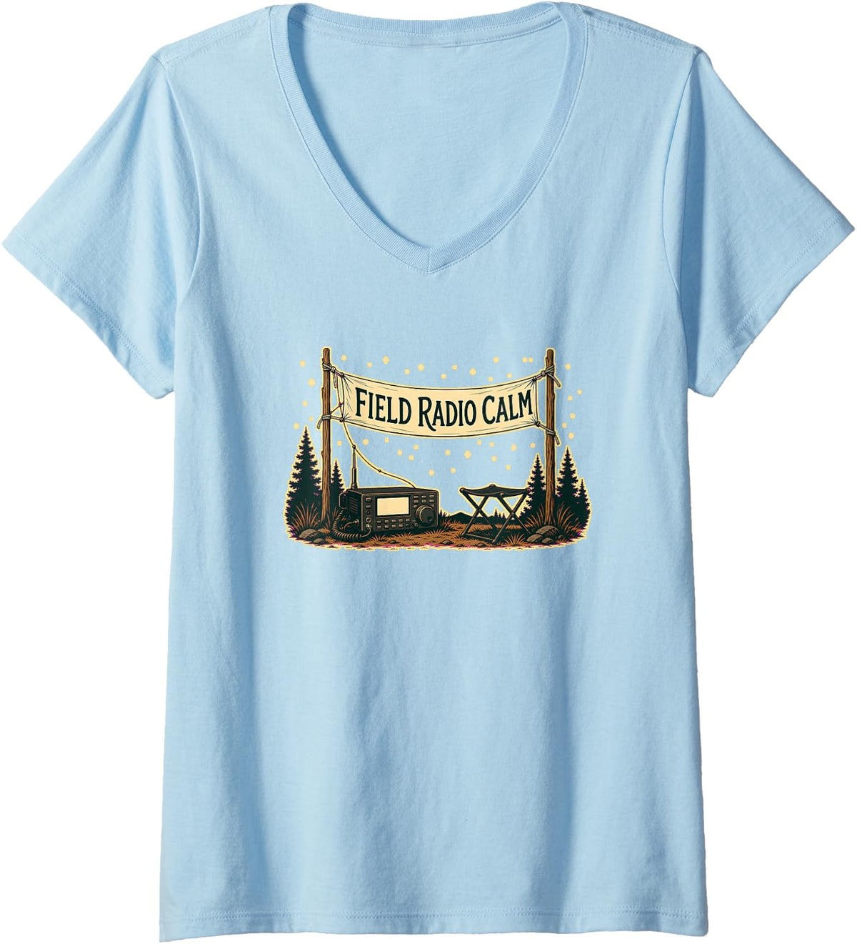 Women's Field Radio Calm Portable Receiver Forest Evening V-Neck T-Shirt - Baby Blue