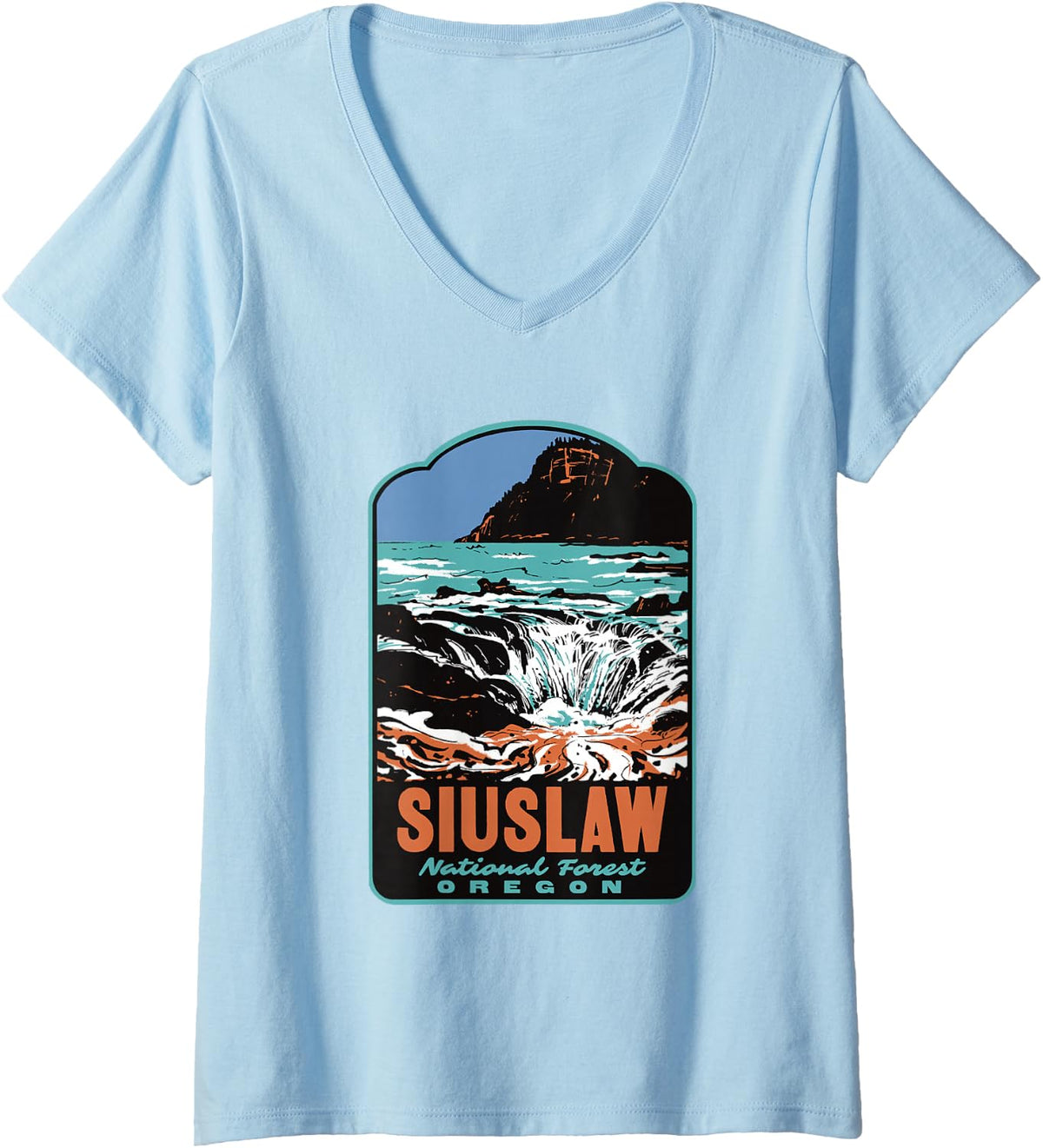 Women's Siuslaw National Forest Oregon Coast Retro Travel Art V-Neck T-Shirt - Baby Blue