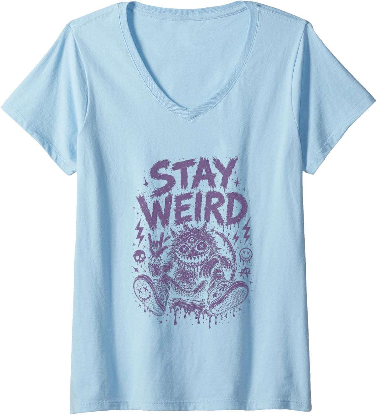 Women's Stay Weird Monster Halloween Goth Funny V-Neck T-Shirt - Baby Blue