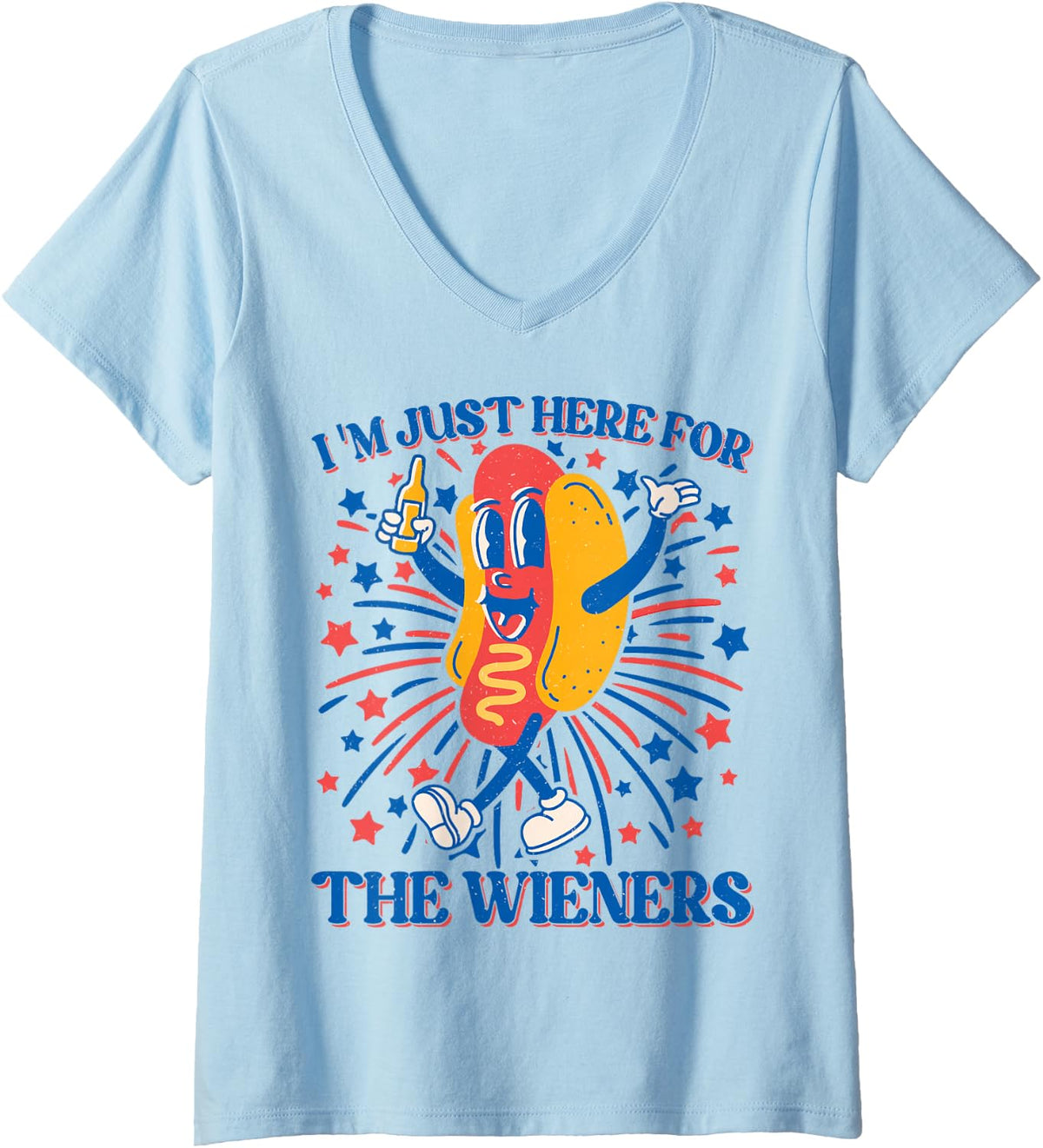 Womens Hot Dog I'm Just Here For The Wieners 4Th Of July V-Neck T-Shirt - Baby Blue