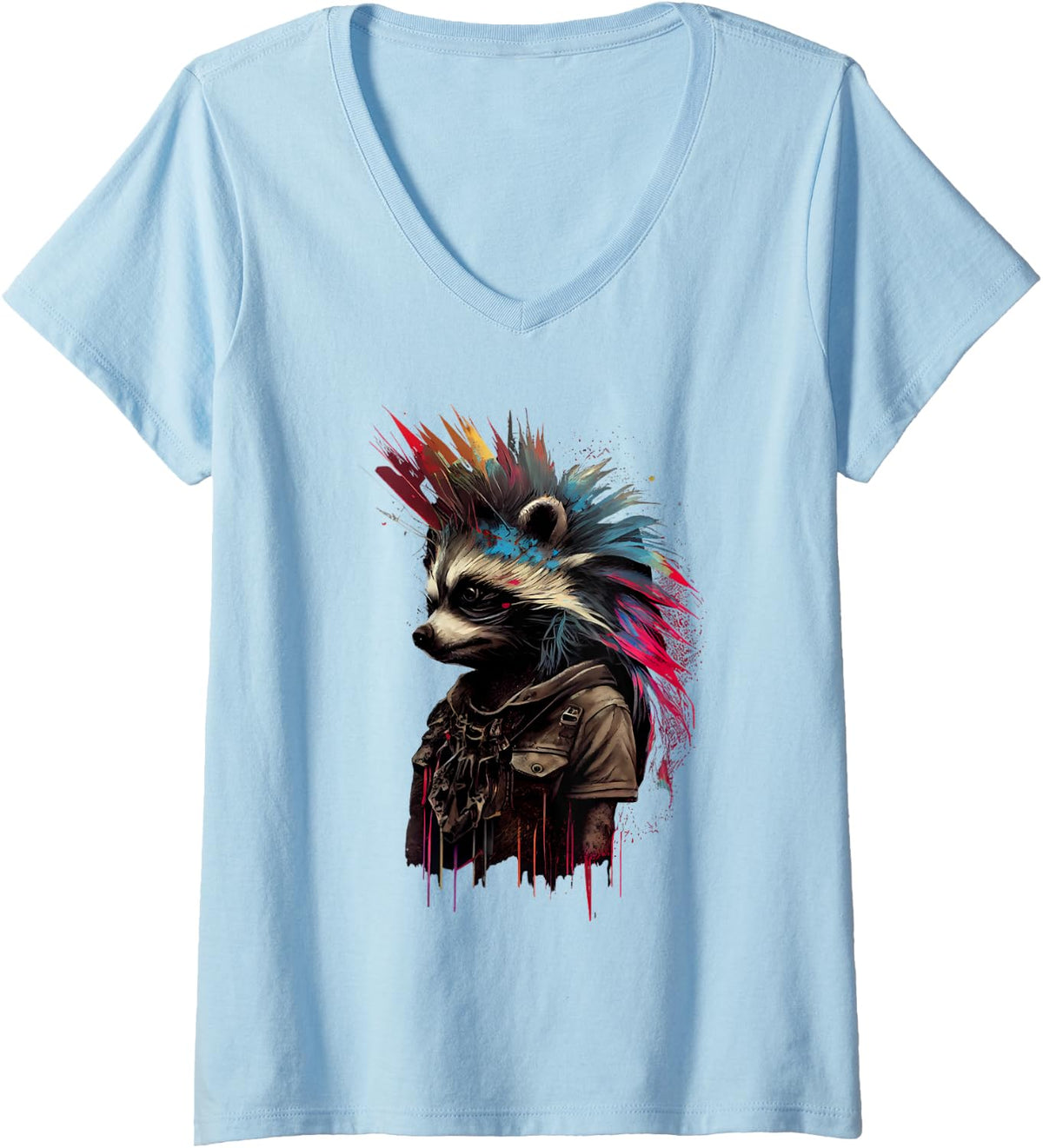 Women's Raccoon Mohawk Punk Rock Graphic Design Raccoon Lover V-Neck T-Shirt - Baby Blue