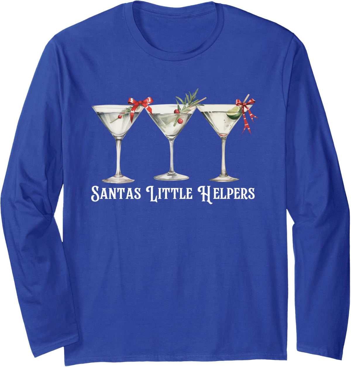Retro Funny Santa's Little Helper Martini Merry Christmas Long Sleeve T-Shirt - Adult Unisex Royal Blue