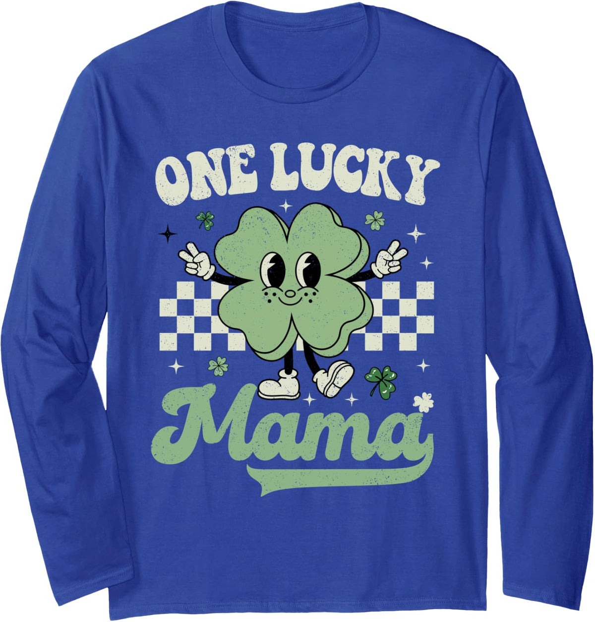 Retro Groovy St Patricks Day One Lucky Mama Hippie Shamrock Long Sleeve T-Shirt - Adult Unisex Royal Blue