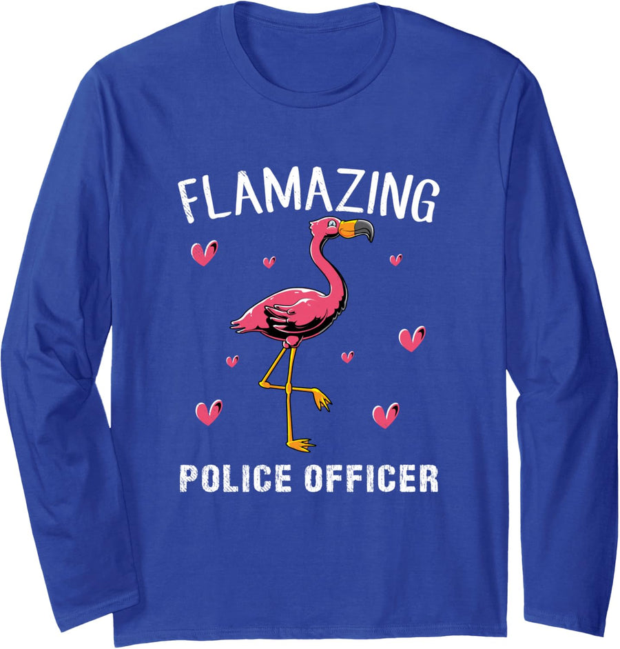 Pink Flamingo Police Officer Long Sleeve T-Shirt - Adult Unisex Royal Blue
