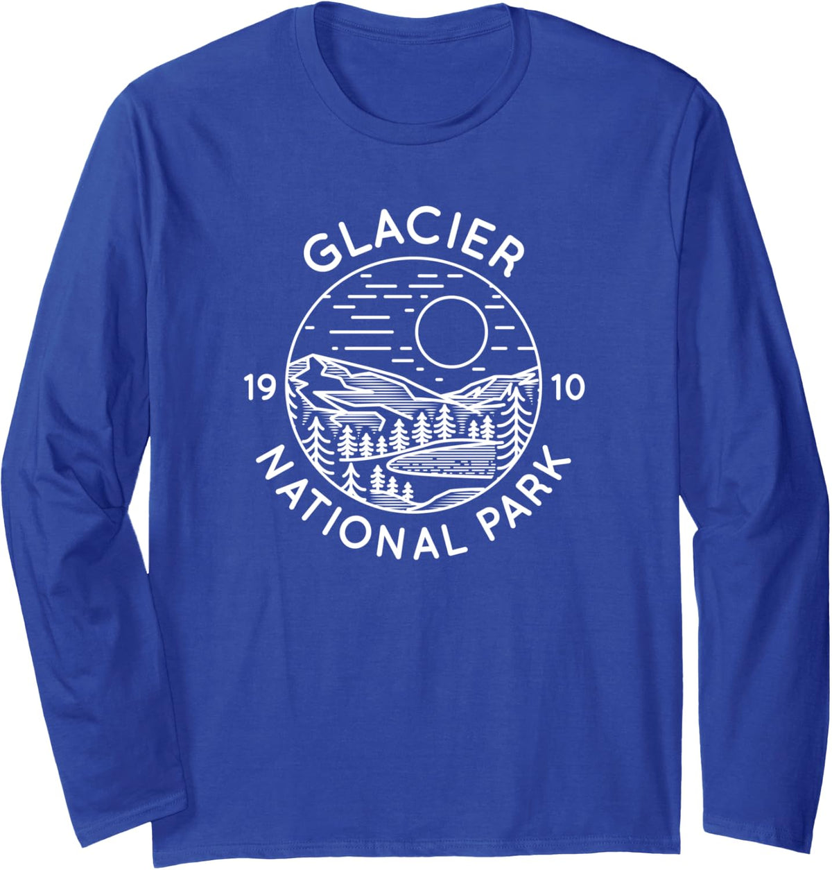 Glacier National Park Cool White Line Art Outdoor Long Sleeve T-Shirt - Adult Unisex Royal Blue